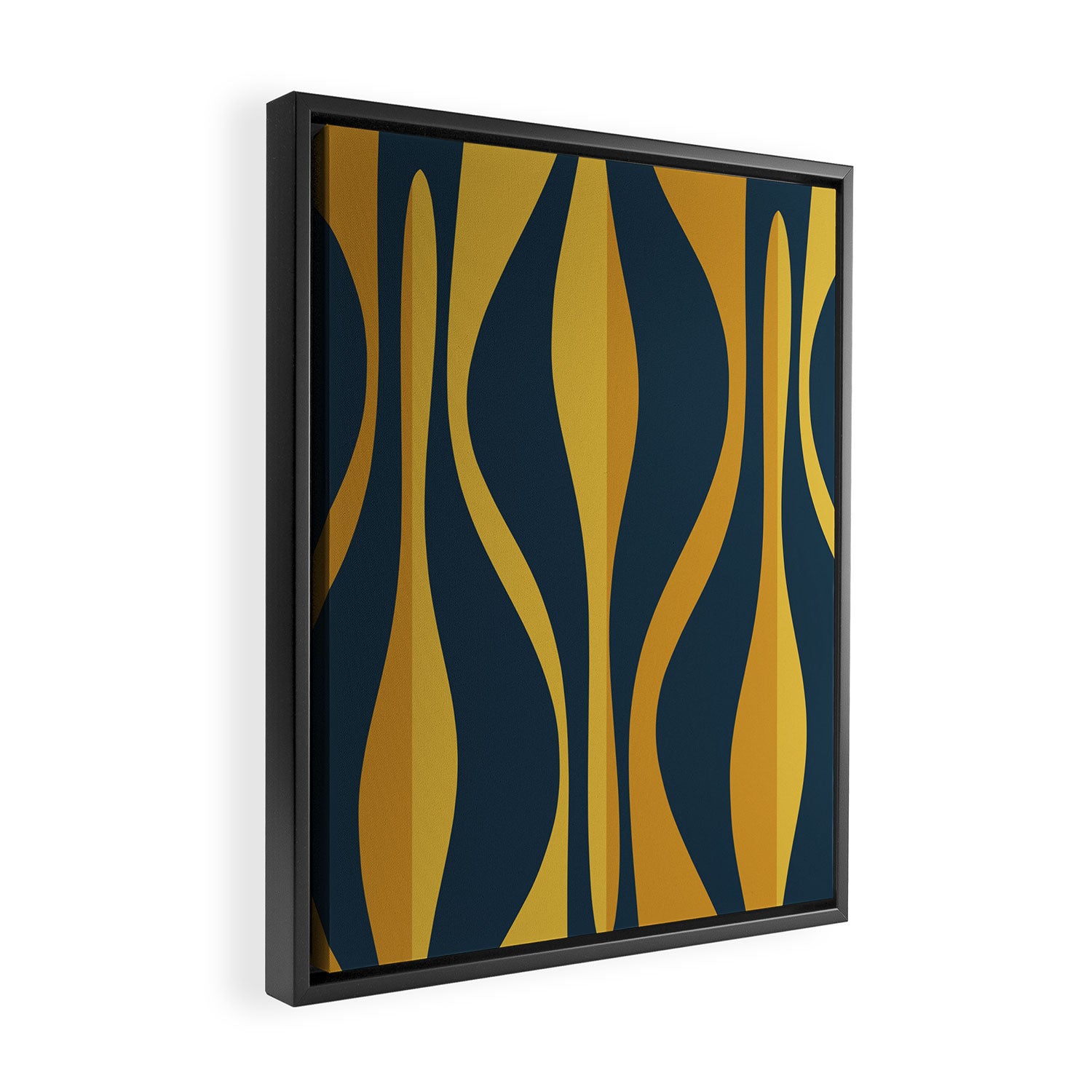 Mid Century Modern Retro Lounge Striped Ogee Pattern in Navy Blue and Mustard Framed Canvas Print Gallery Image 2