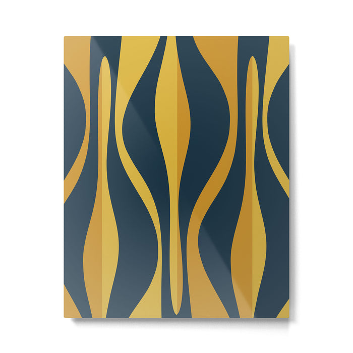 Mid Century Modern Retro Lounge Striped Ogee Pattern in Navy Blue and Mustard Metal Print Gallery Image 1