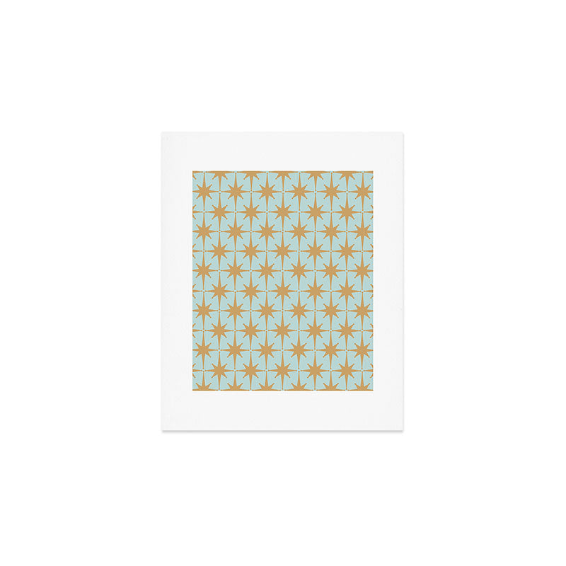 Mid Century Modern Starbursts - Atomic Age Pattern in Muted Gold and Pale Ice Blue Art Print Gallery Image 1