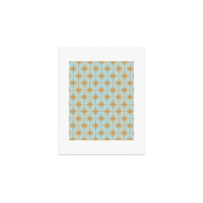 Mid Century Modern Starbursts - Atomic Age Pattern in Muted Gold and Pale Ice Blue Art Print Gallery Image 1