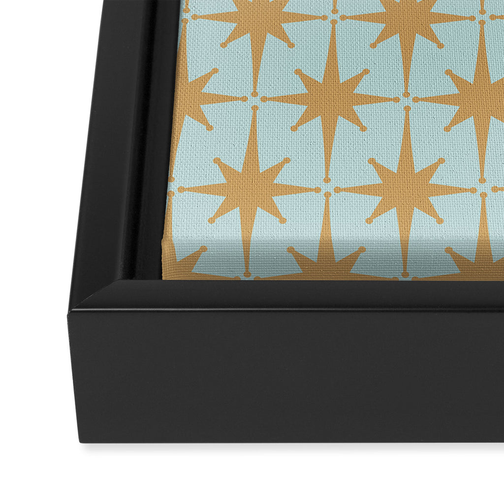 Mid Century Modern Starbursts - Atomic Age Pattern in Muted Gold and Pale Ice Blue Framed Canvas Print Gallery Image 3