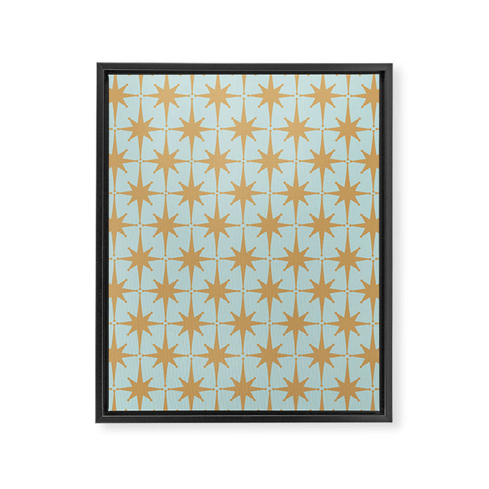 Mid Century Modern Starbursts - Atomic Age Pattern in Muted Gold and Pale Ice Blue Framed Canvas Print Gallery Image 1