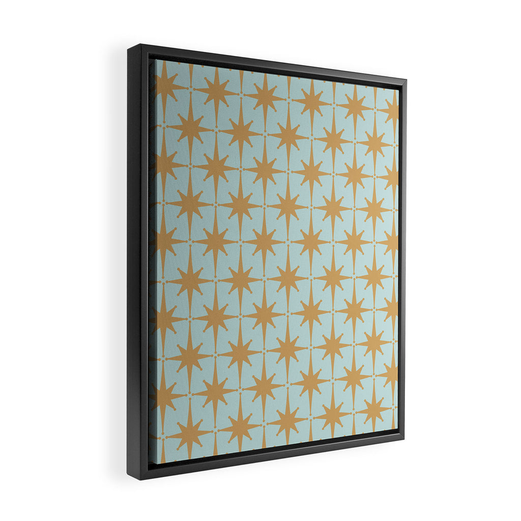 Mid Century Modern Starbursts - Atomic Age Pattern in Muted Gold and Pale Ice Blue Framed Canvas Print Gallery Image 2