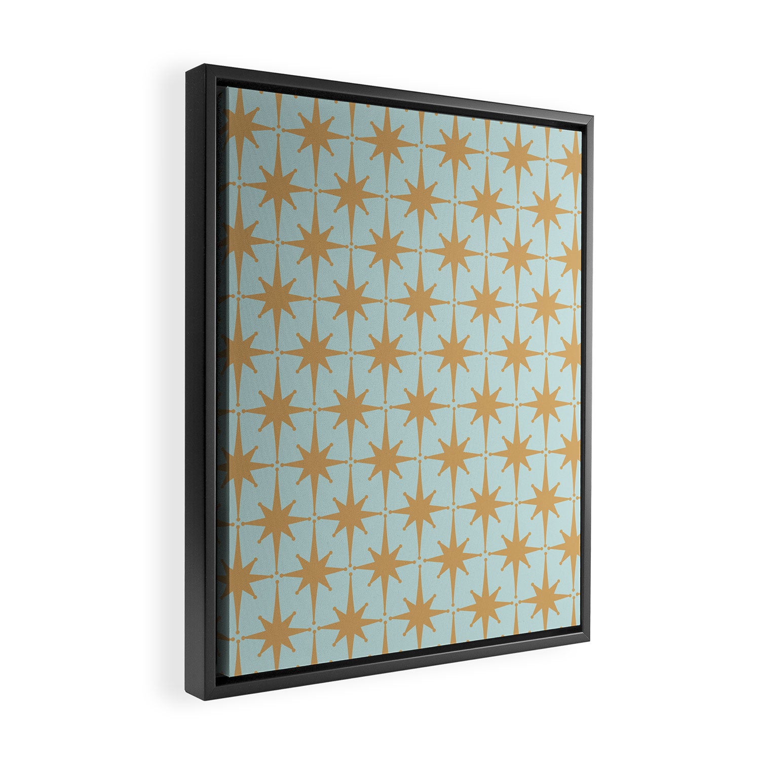 Mid Century Modern Starbursts - Atomic Age Pattern in Muted Gold and Pale Ice Blue Framed Canvas Print Gallery Image 2
