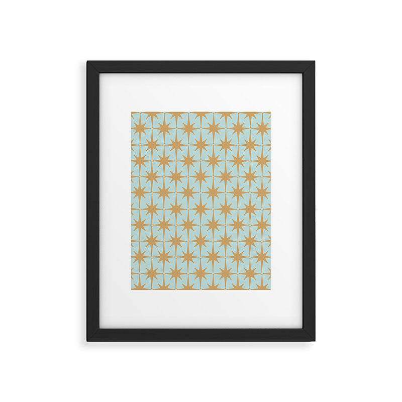 Mid Century Modern Starbursts - Atomic Age Pattern in Muted Gold and Pale Ice Blue Framed Art Print Gallery Image 5