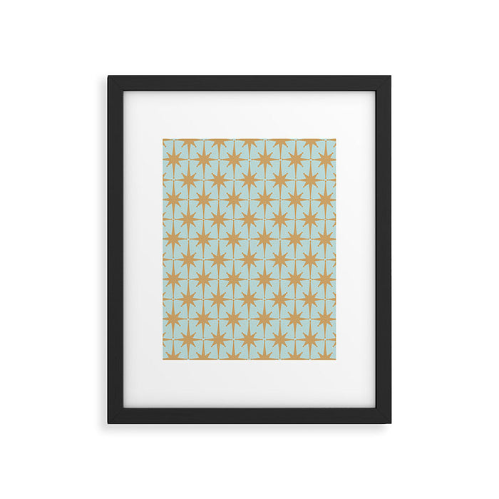 Mid Century Modern Starbursts - Atomic Age Pattern in Muted Gold and Pale Ice Blue Framed Art Print Gallery Image 1