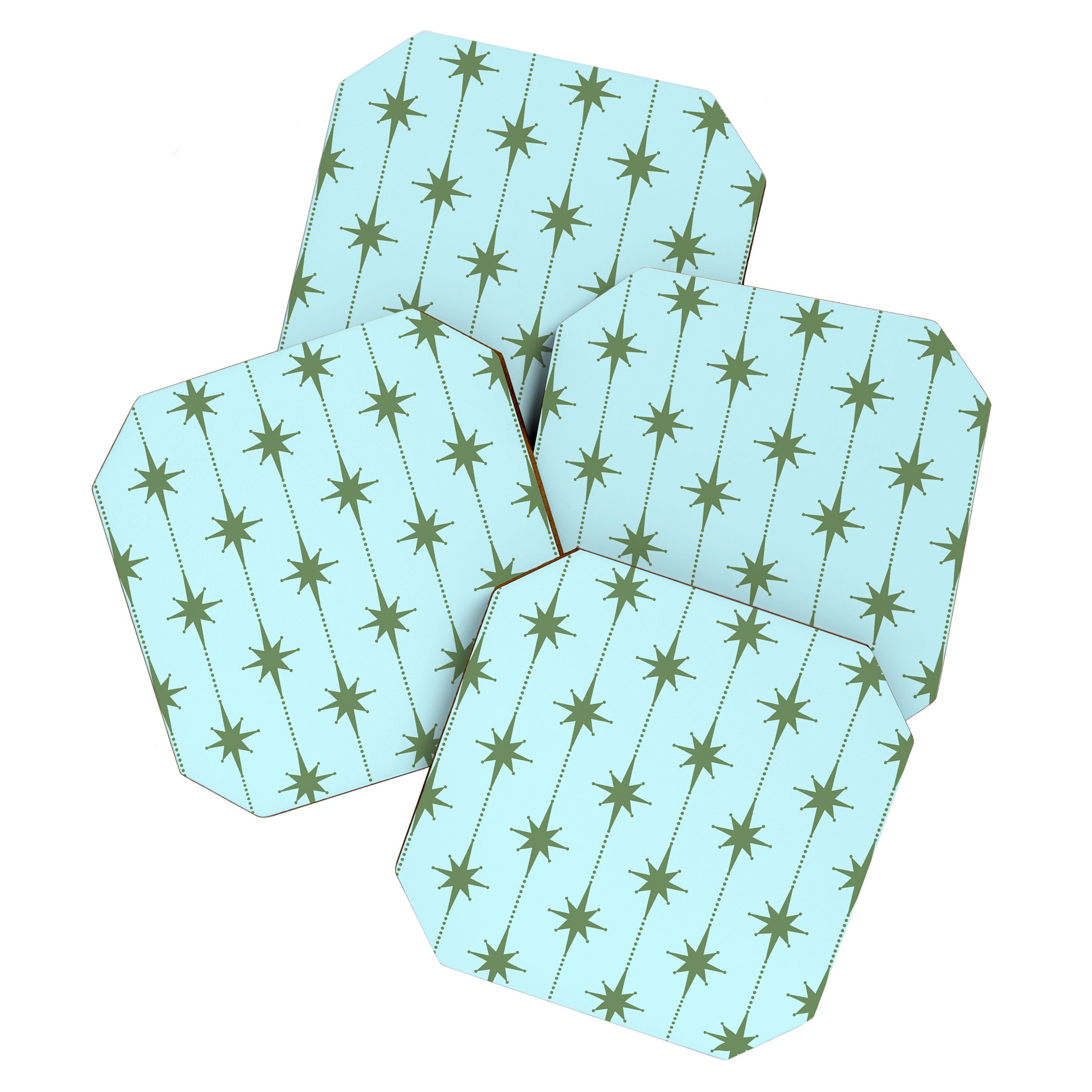 Mid Century Modern Stars and Dots Pattern in Light Aqua Blue and Olive Green Coaster Gallery Image 1