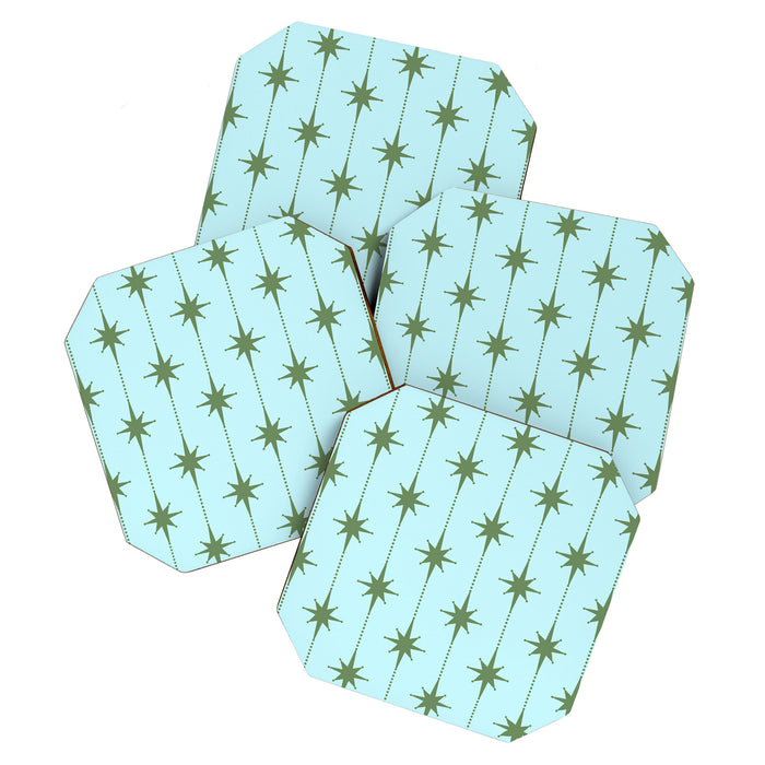 Mid Century Modern Stars and Dots Pattern in Light Aqua Blue and Olive Green Coaster Gallery Image 1