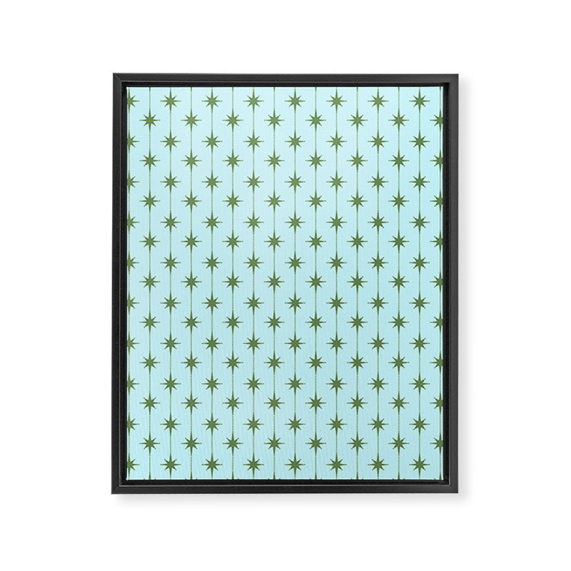 Mid Century Modern Stars and Dots Pattern in Light Aqua Blue and Olive Green Framed Canvas Print Gallery Image 8