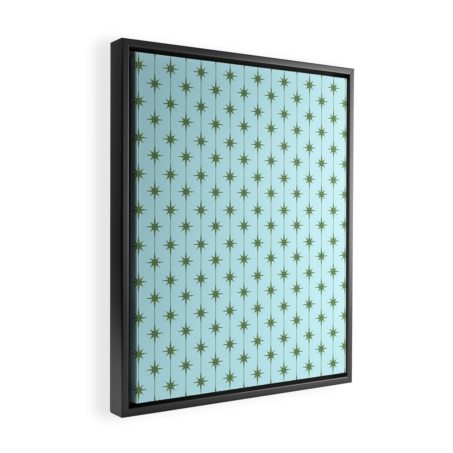 Mid Century Modern Stars and Dots Pattern in Light Aqua Blue and Olive Green Framed Canvas Print Gallery Image 2
