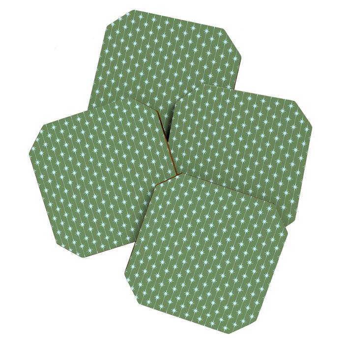 Mid Century Modern Stars and Dots Pattern in Olive Green and Light Ice Blue Coaster Gallery Image 1