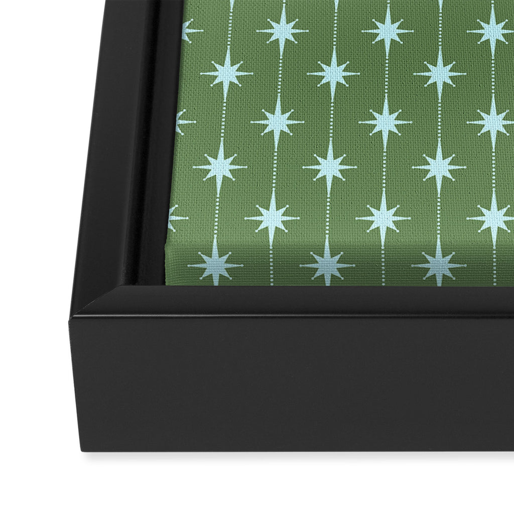 Mid Century Modern Stars and Dots Pattern in Olive Green and Light Ice Blue Framed Canvas Print Gallery Image 3