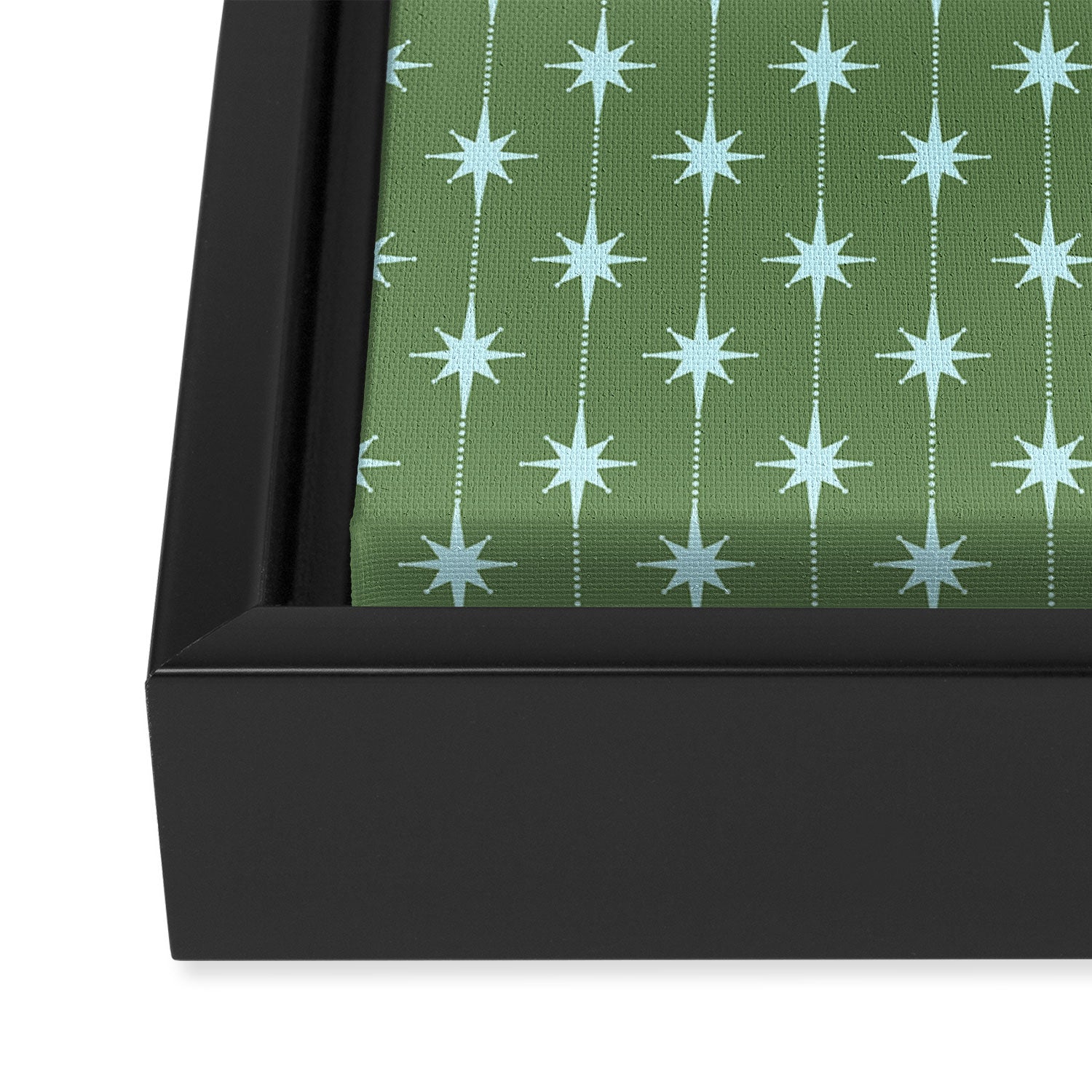 Mid Century Modern Stars and Dots Pattern in Olive Green and Light Ice Blue Framed Canvas Print Gallery Image 3