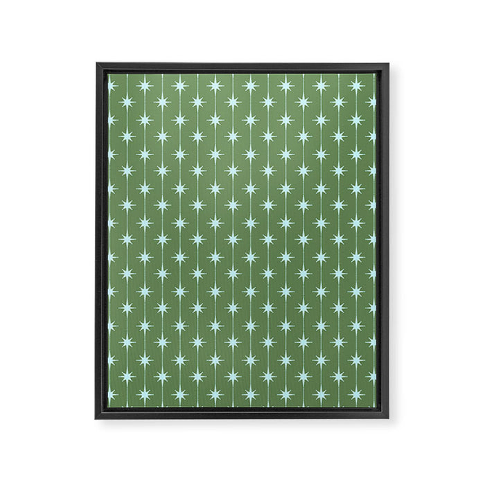 Mid Century Modern Stars and Dots Pattern in Olive Green and Light Ice Blue Framed Canvas Print Gallery Image 1