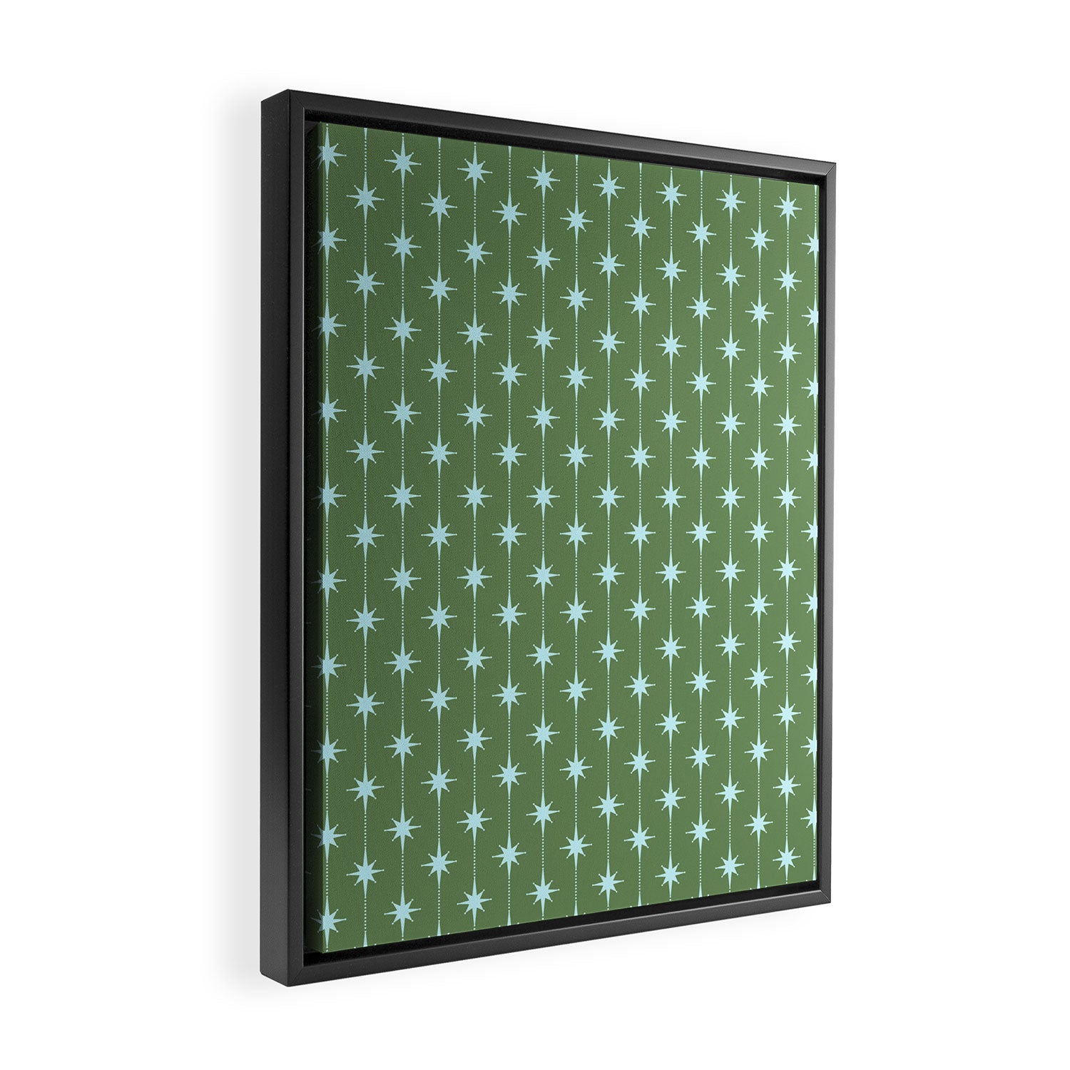Mid Century Modern Stars and Dots Pattern in Olive Green and Light Ice Blue Framed Canvas Print Gallery Image 2