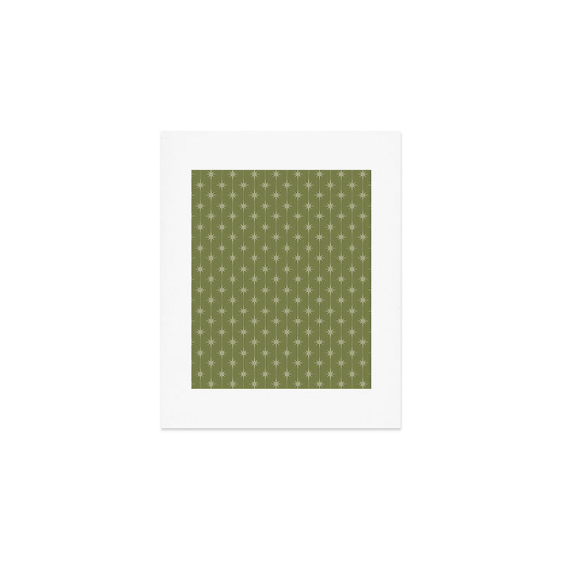 Mid Century Modern Stars and Dots Pattern in Olive Green Art Print Gallery Image 1