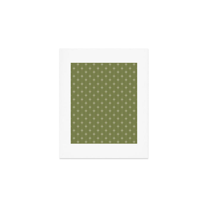 Mid Century Modern Stars and Dots Pattern in Olive Green Art Print Gallery Image 1