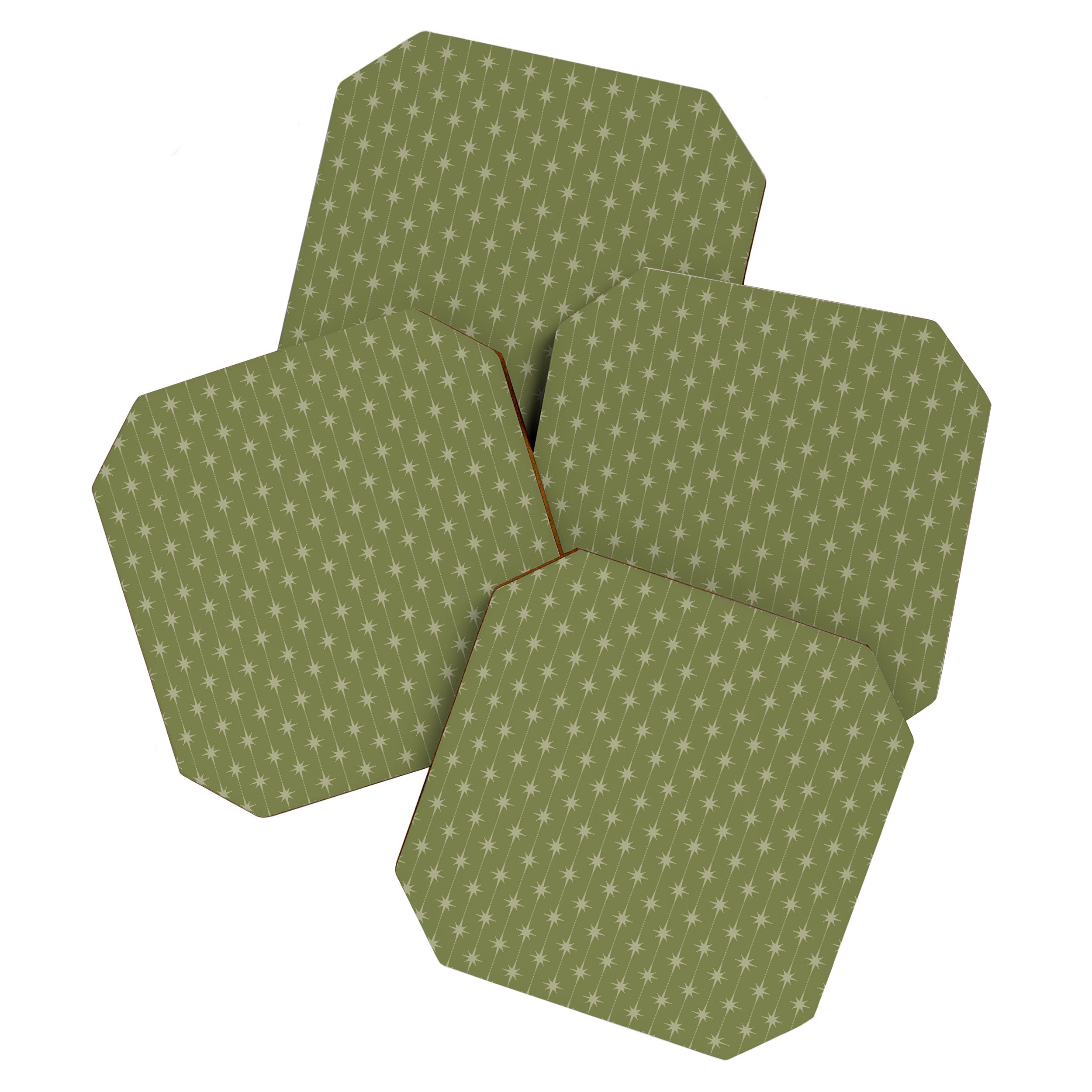 Mid Century Modern Stars and Dots Pattern in Olive Green Coaster Gallery Image 1