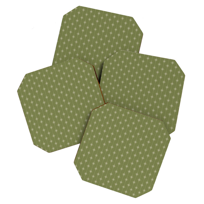 Mid Century Modern Stars and Dots Pattern in Olive Green Coaster Gallery Image 1