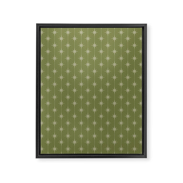 Mid Century Modern Stars and Dots Pattern in Olive Green Framed Canvas Print Gallery Image 1