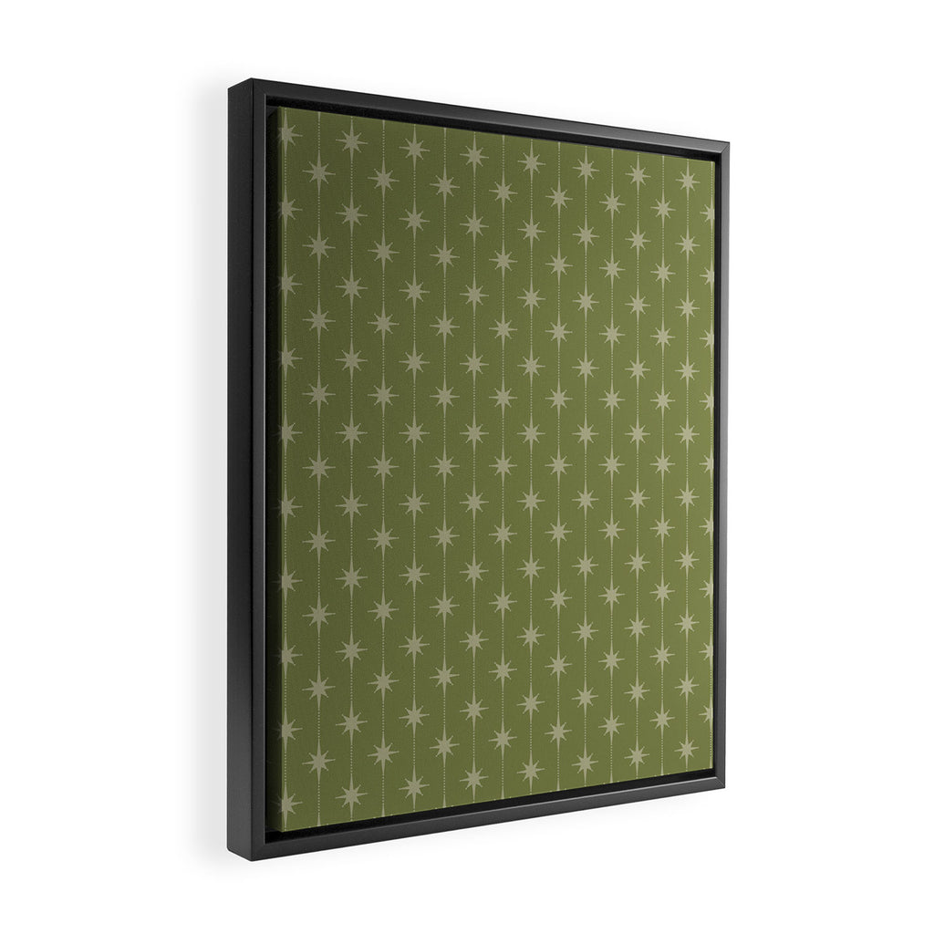 Mid Century Modern Stars and Dots Pattern in Olive Green Framed Canvas Print Gallery Image 2