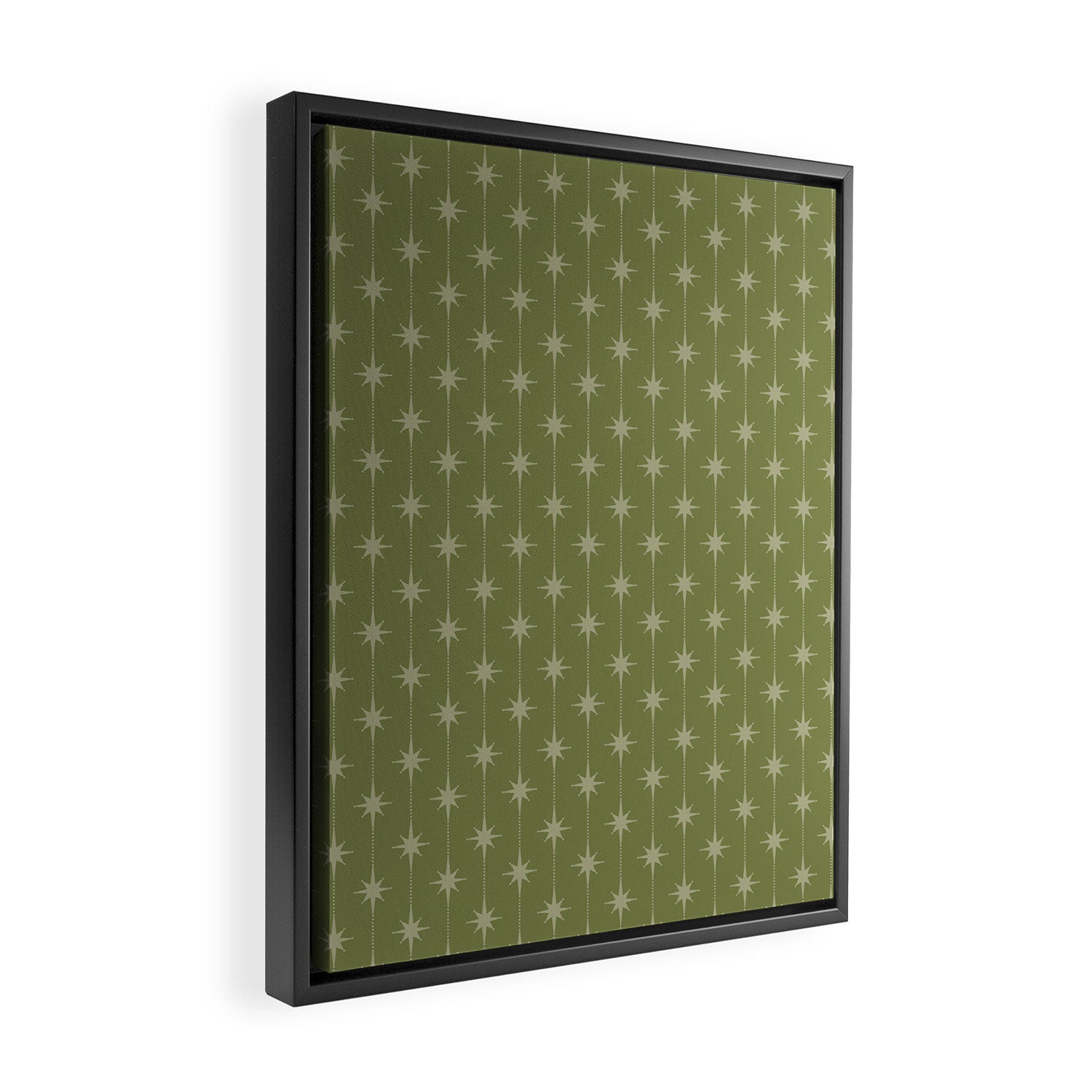 Mid Century Modern Stars and Dots Pattern in Olive Green Framed Canvas Print Gallery Image 2