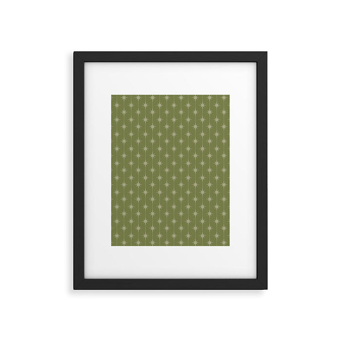 Mid Century Modern Stars and Dots Pattern in Olive Green Framed Art Print Gallery Image 1