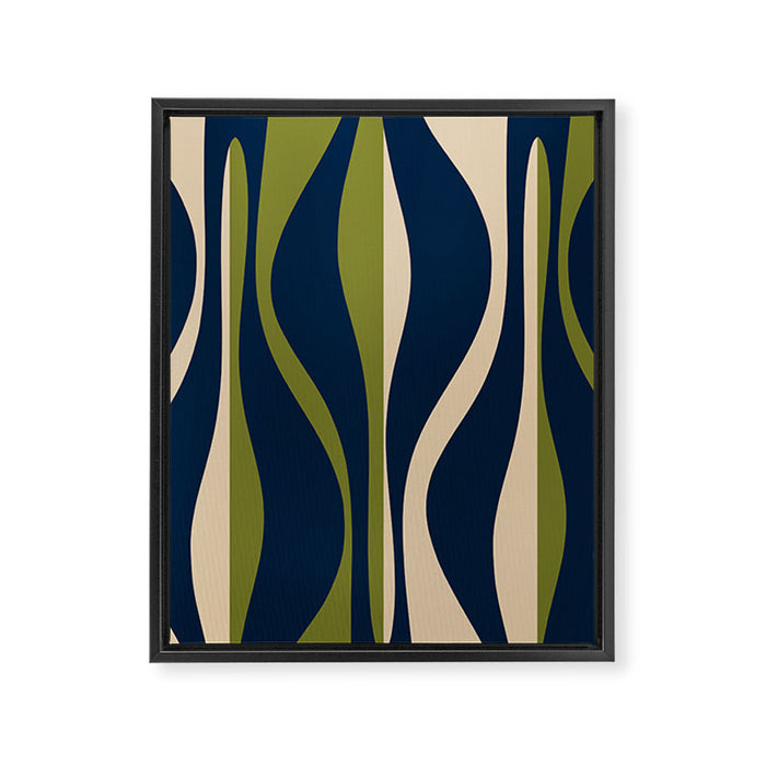 Mid Century Modern Striped Lounge Retro Ogee Pattern in Navy Blue Olive Green Beige Framed Canvas Print Gallery Image 1