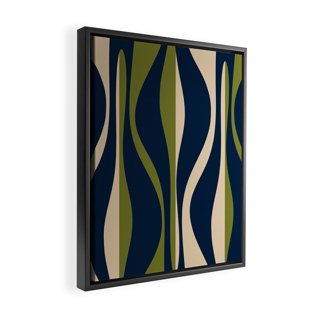 Mid Century Modern Striped Lounge Retro Ogee Pattern in Navy Blue Olive Green Beige Framed Canvas Print Gallery Image 2