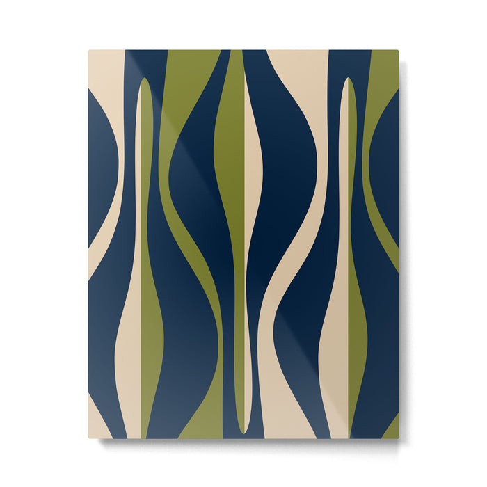 Mid Century Modern Striped Lounge Retro Ogee Pattern in Navy Blue Olive Green Beige Metal Print Gallery Image 1