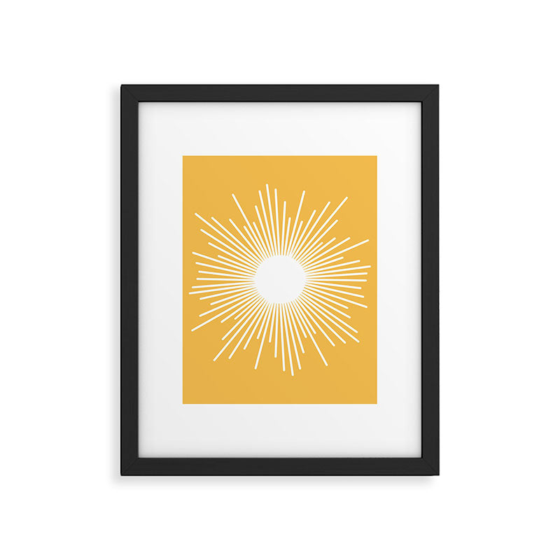 Mid Century Modern Sunburst - Minimalist Sun in Mustard Marigold Yellow and White Framed Art Print Gallery Image 6