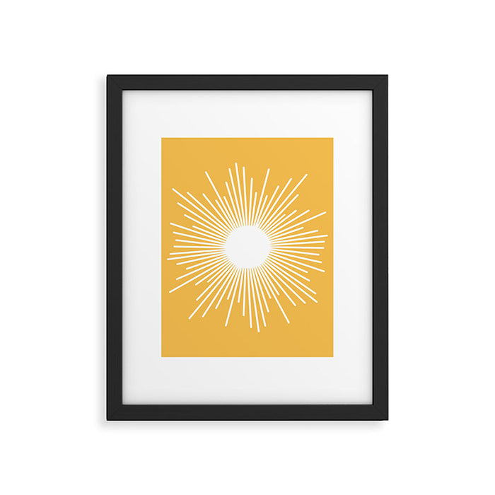 Mid Century Modern Sunburst - Minimalist Sun in Mustard Marigold Yellow and White Framed Art Print Gallery Image 1