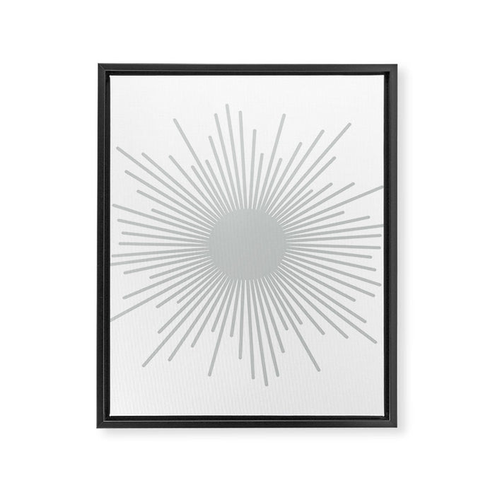 Mid Century Modern Sunburst Sun in Light Gray on White Framed Canvas Print Gallery Image 1