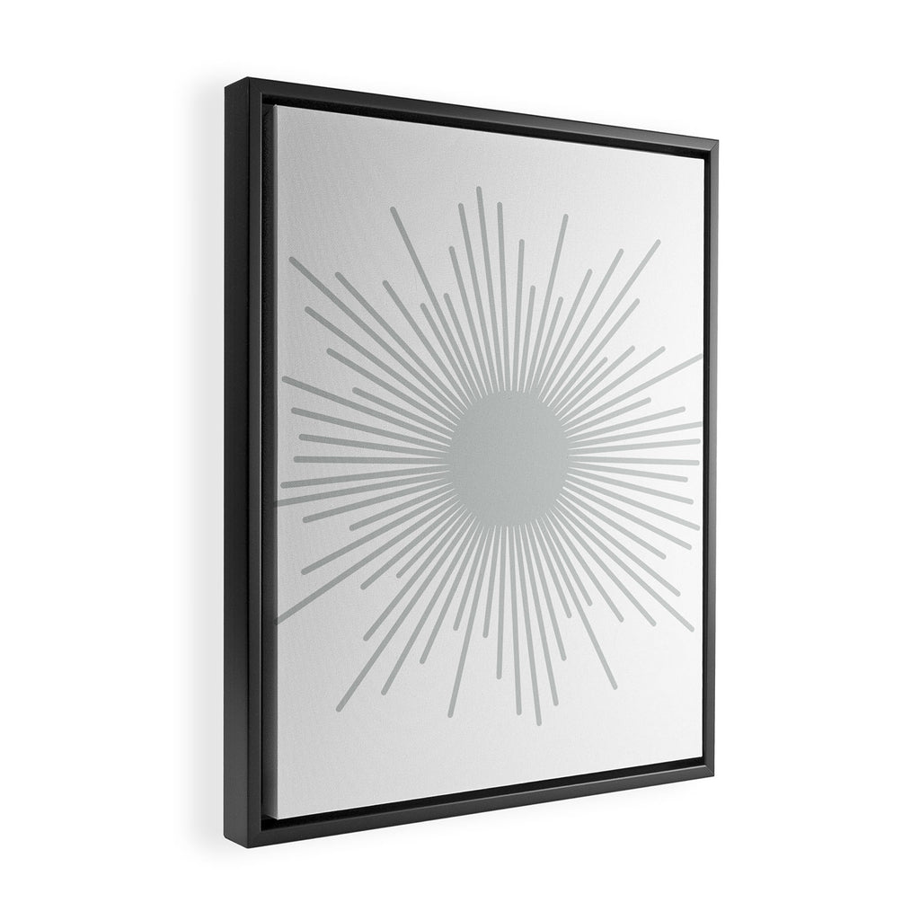 Mid Century Modern Sunburst Sun in Light Gray on White Framed Canvas Print Gallery Image 2