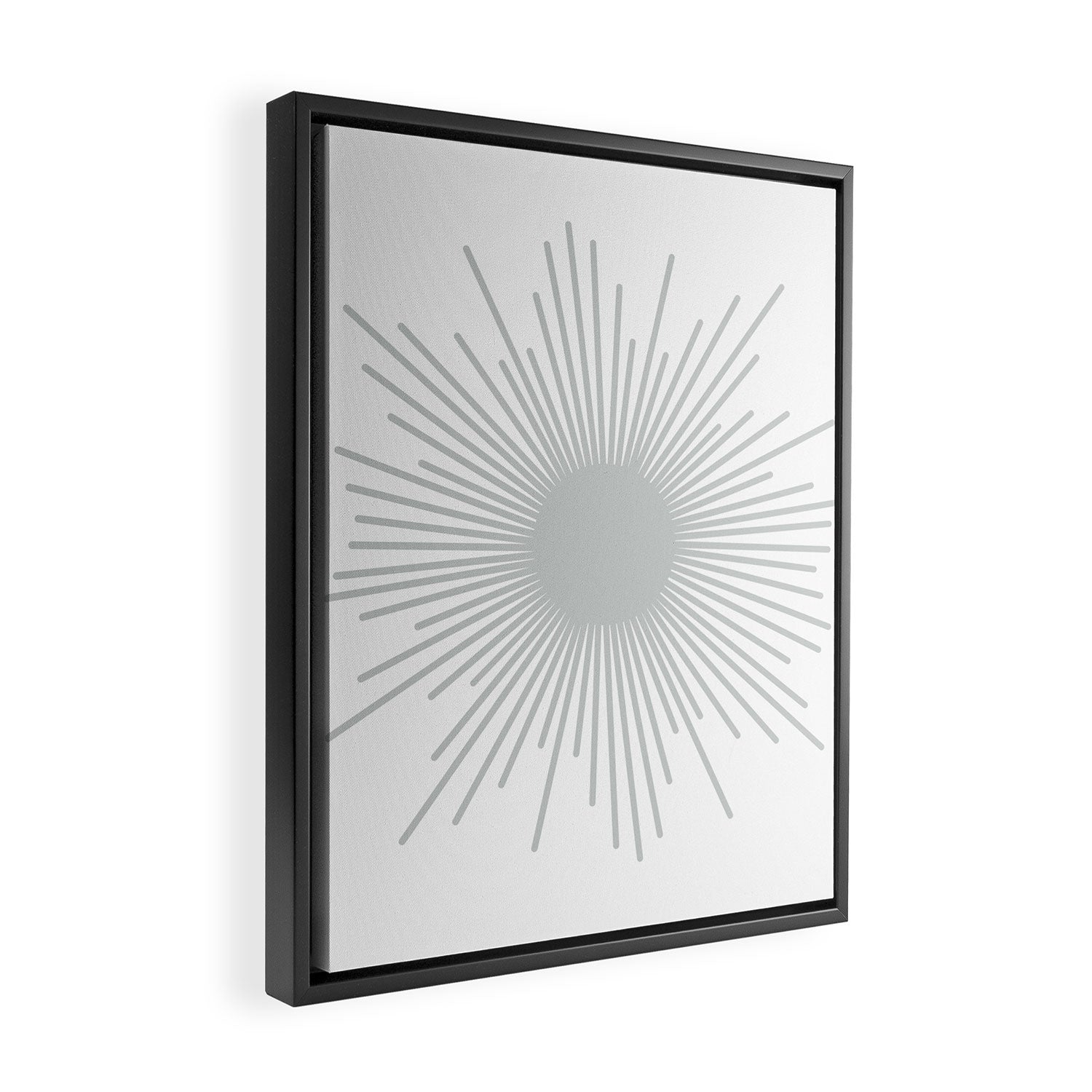 Mid Century Modern Sunburst Sun in Light Gray on White Framed Canvas Print Gallery Image 2