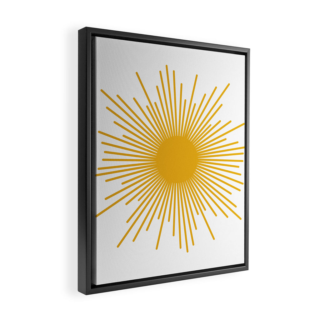 Mid Century Modern Sunburst Sun in Mustard and White Framed Canvas Print Gallery Image 2