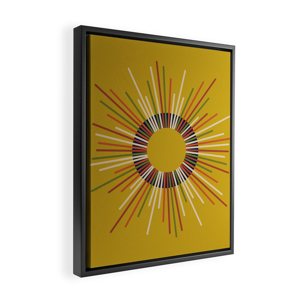 Mid Century Modern Sunburst Sun on Mustard Framed Canvas Print Gallery Image 2