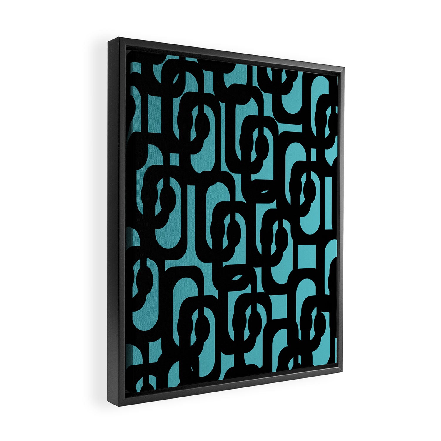 Mid Century Modern Turquoise and Black Loop Pattern Framed Canvas Print Gallery Image 2