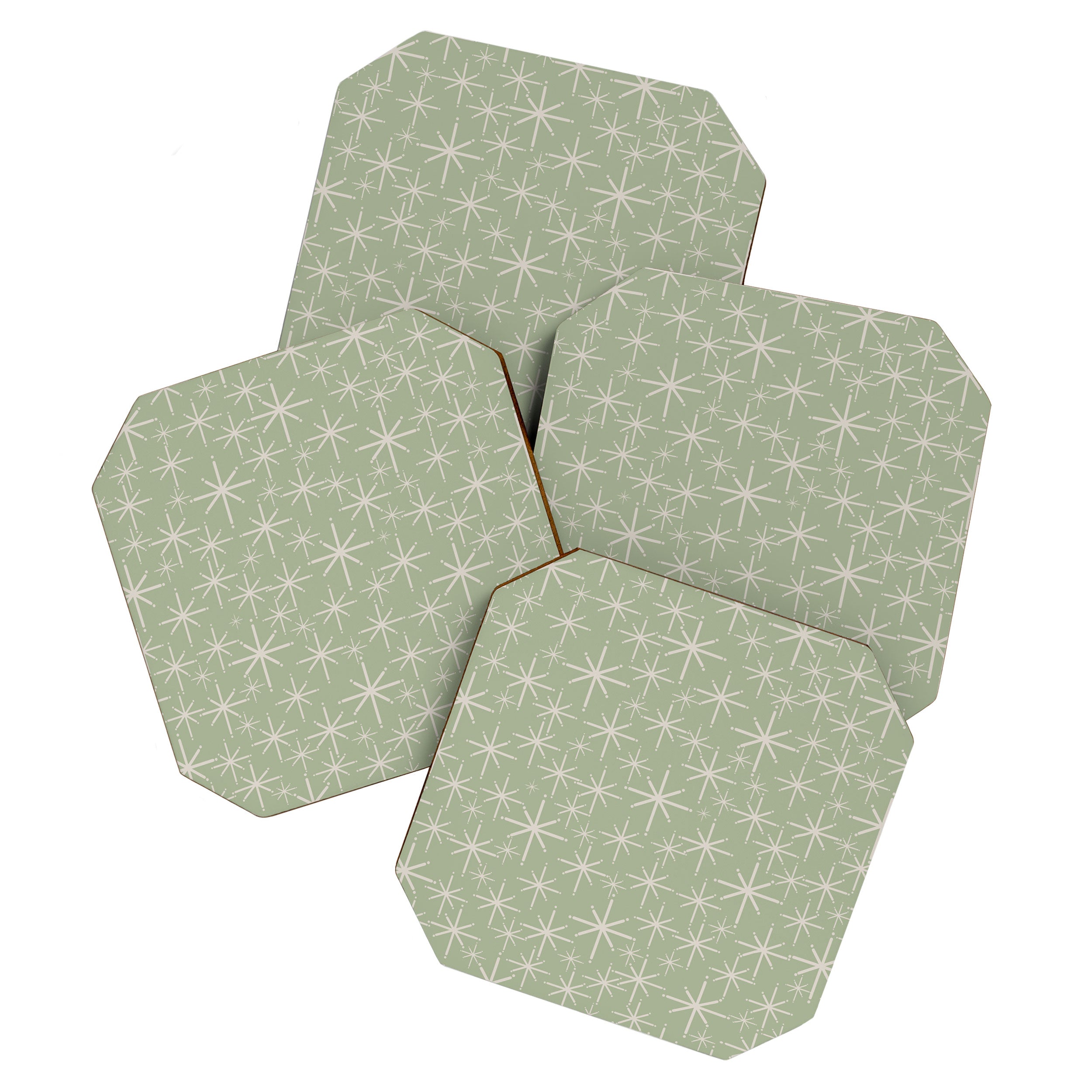 Mid Century Modern Twinkling Retro Starburst Pattern in Sage Green and Beige Coaster Gallery Image 1