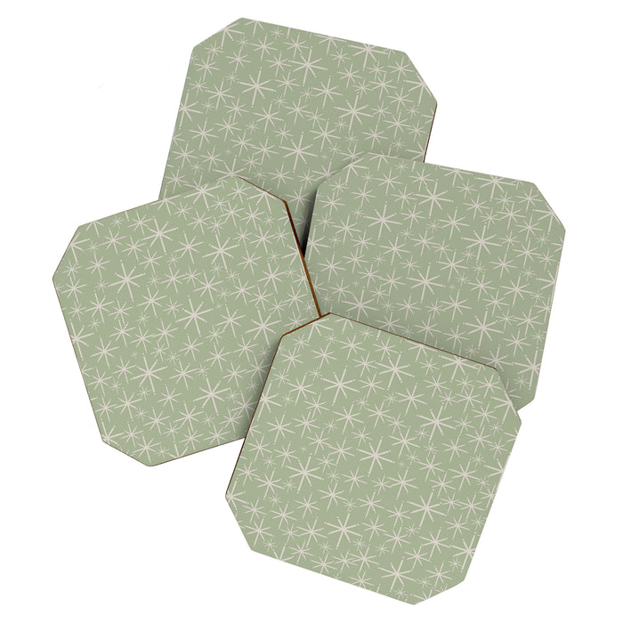 Mid Century Modern Twinkling Retro Starburst Pattern in Sage Green and Beige Coaster Gallery Image 1