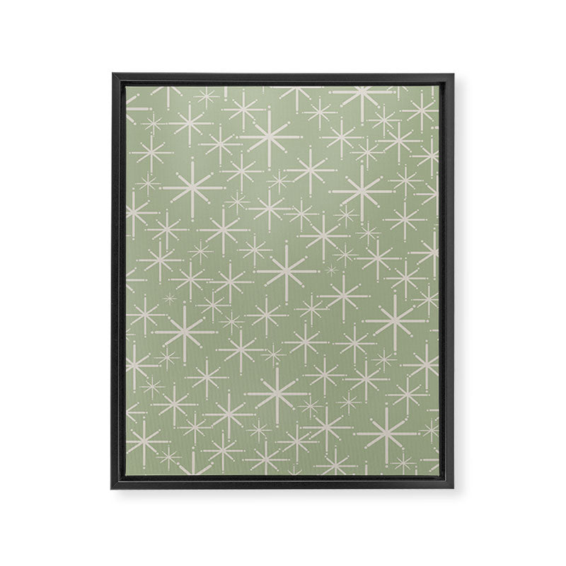Mid Century Modern Twinkling Retro Starburst Pattern in Sage Green and Beige Framed Canvas Print Gallery Image 8