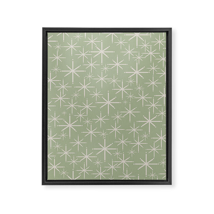 Mid Century Modern Twinkling Retro Starburst Pattern in Sage Green and Beige Framed Canvas Print Gallery Image 1