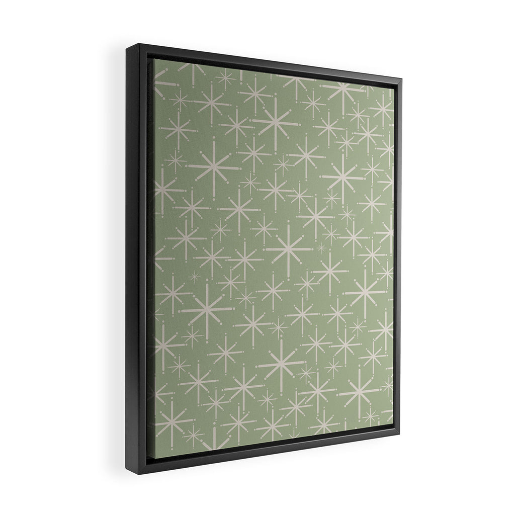 Mid Century Modern Twinkling Retro Starburst Pattern in Sage Green and Beige Framed Canvas Print Gallery Image 2