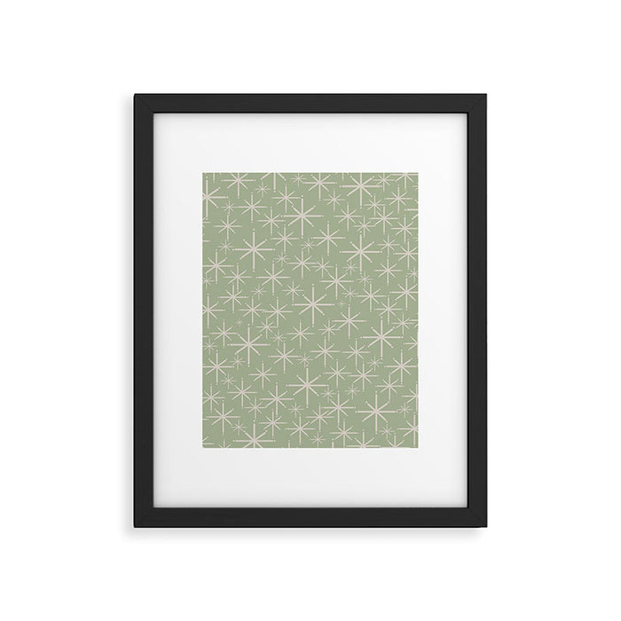 Mid Century Modern Twinkling Retro Starburst Pattern in Sage Green and Beige Framed Art Print Gallery Image 1