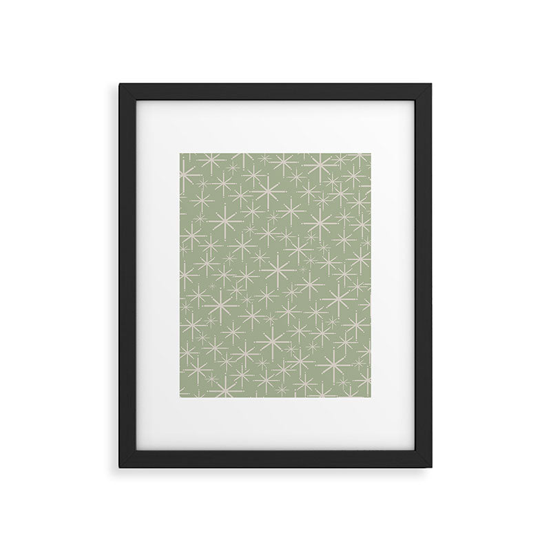 Mid Century Modern Twinkling Retro Starburst Pattern in Sage Green and Beige Framed Art Print Gallery Image 6