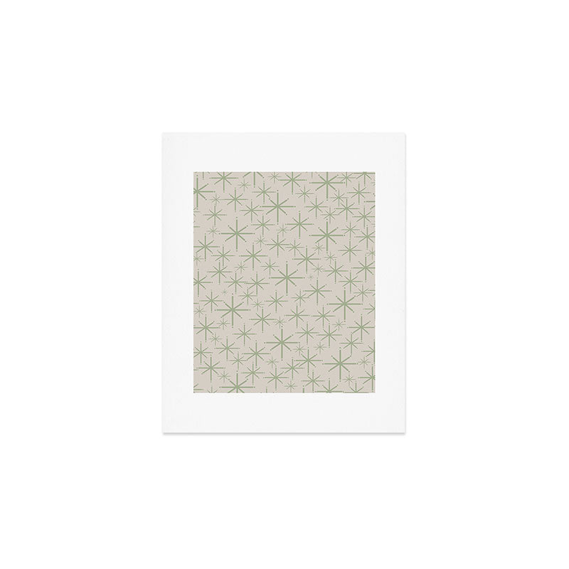 Mid Century Modern Twinkling Retro Starbursts in Sage Green and Beige Art Print Gallery Image 1