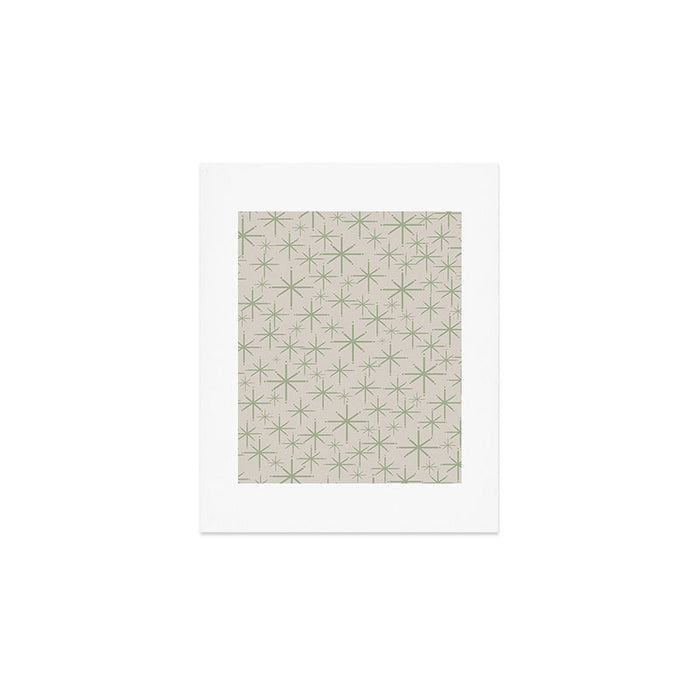 Mid Century Modern Twinkling Retro Starbursts in Sage Green and Beige Art Print Gallery Image 1