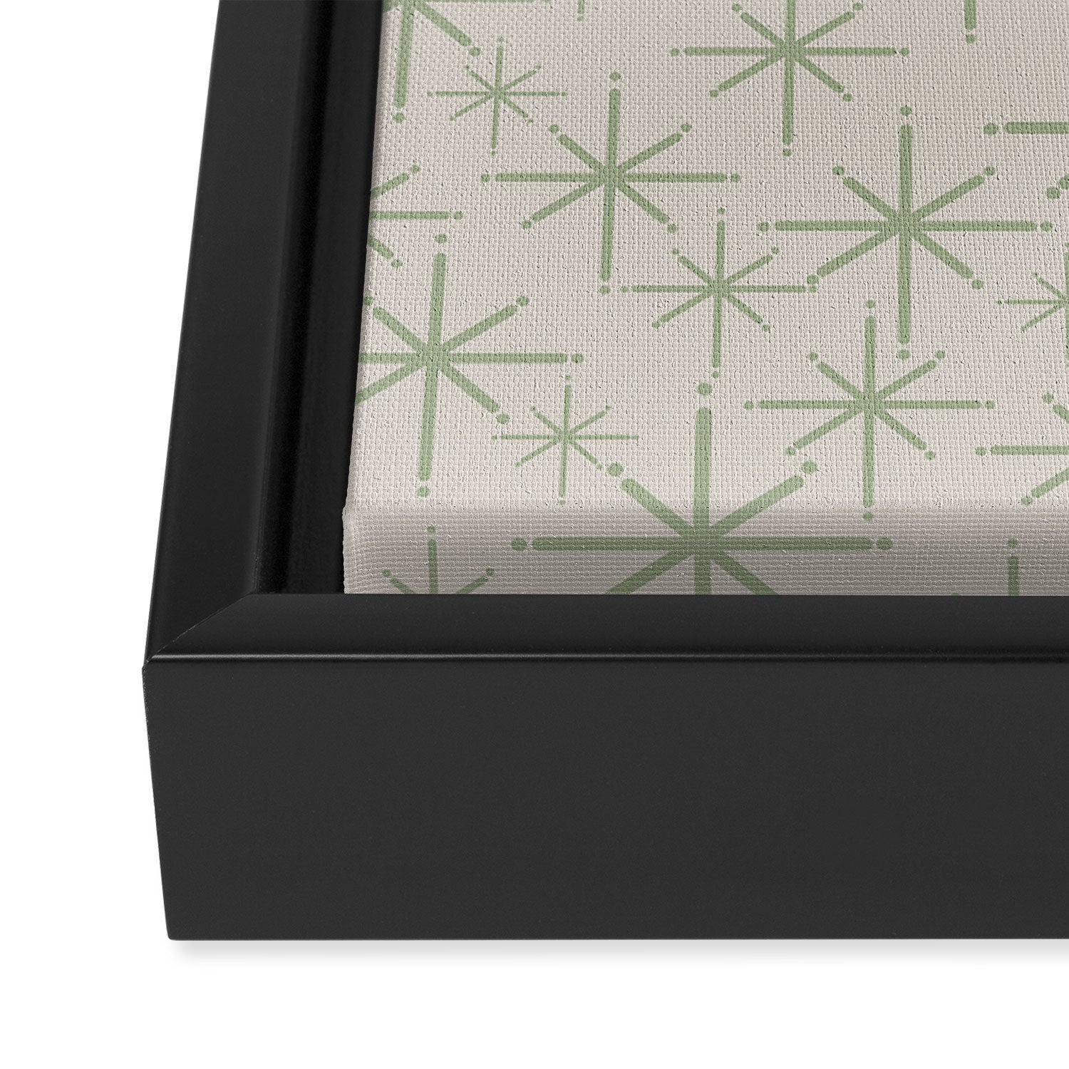 Mid Century Modern Twinkling Retro Starbursts in Sage Green and Beige Framed Canvas Print Gallery Image 3