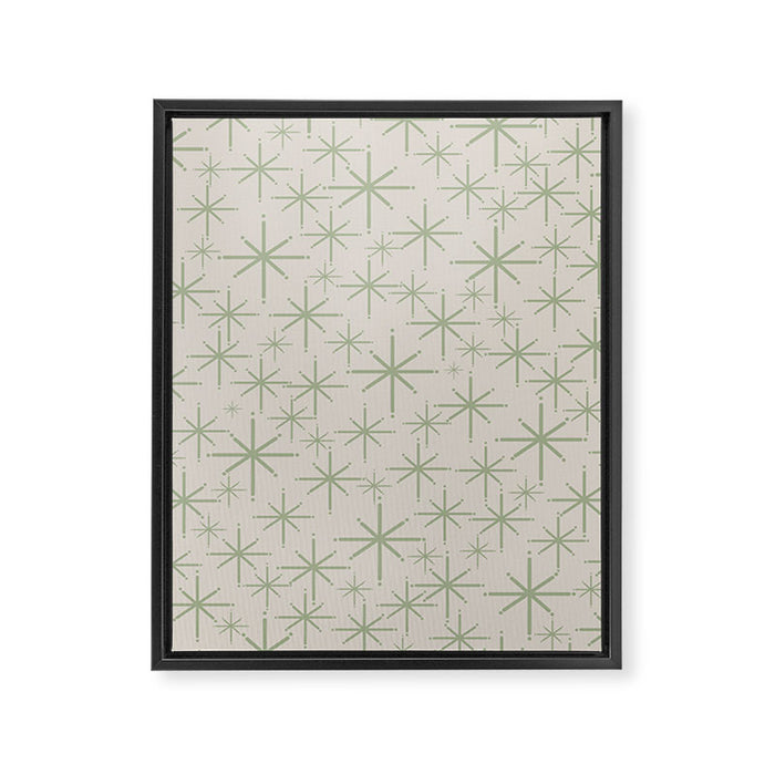 Mid Century Modern Twinkling Retro Starbursts in Sage Green and Beige Framed Canvas Print Gallery Image 1