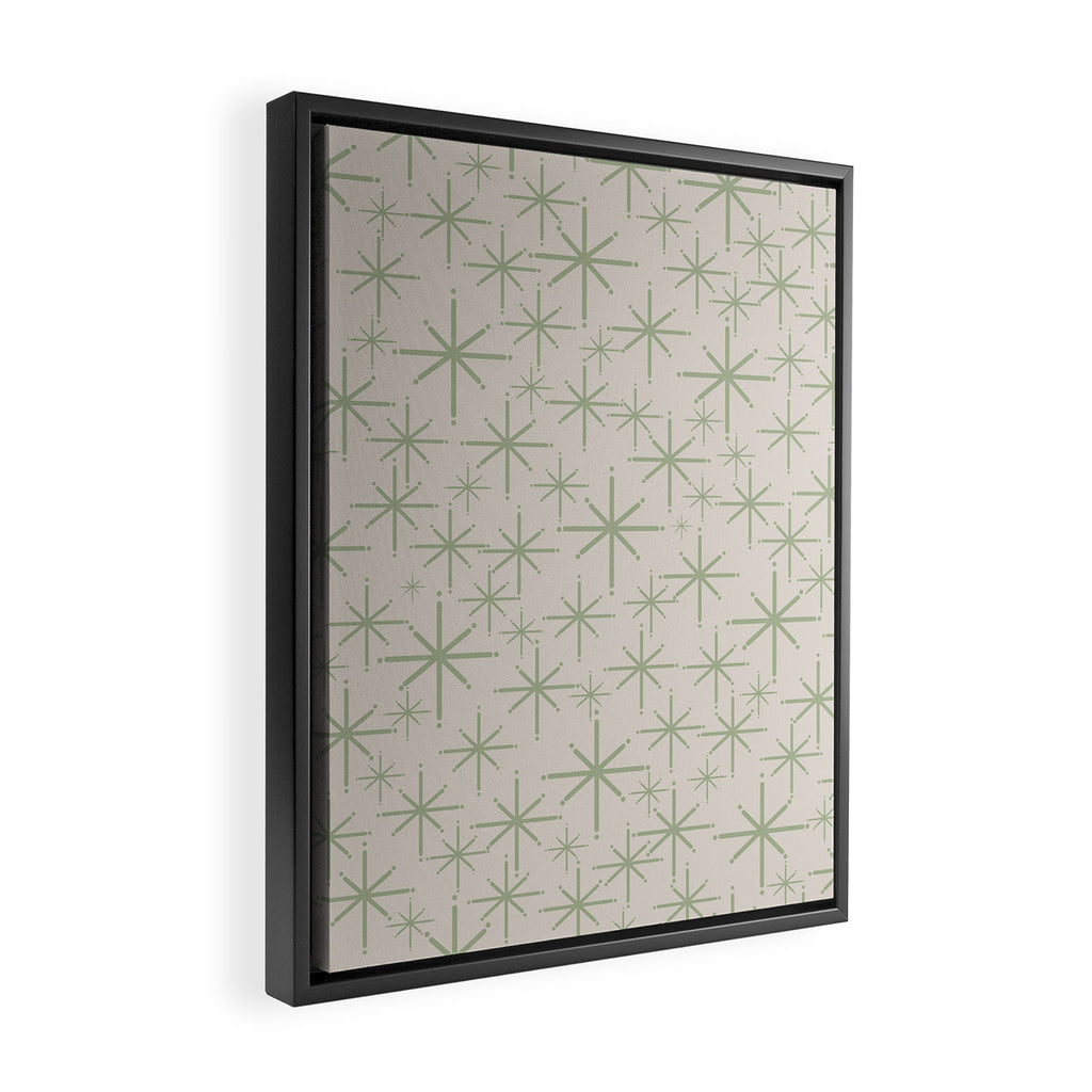 Mid Century Modern Twinkling Retro Starbursts in Sage Green and Beige Framed Canvas Print Gallery Image 2